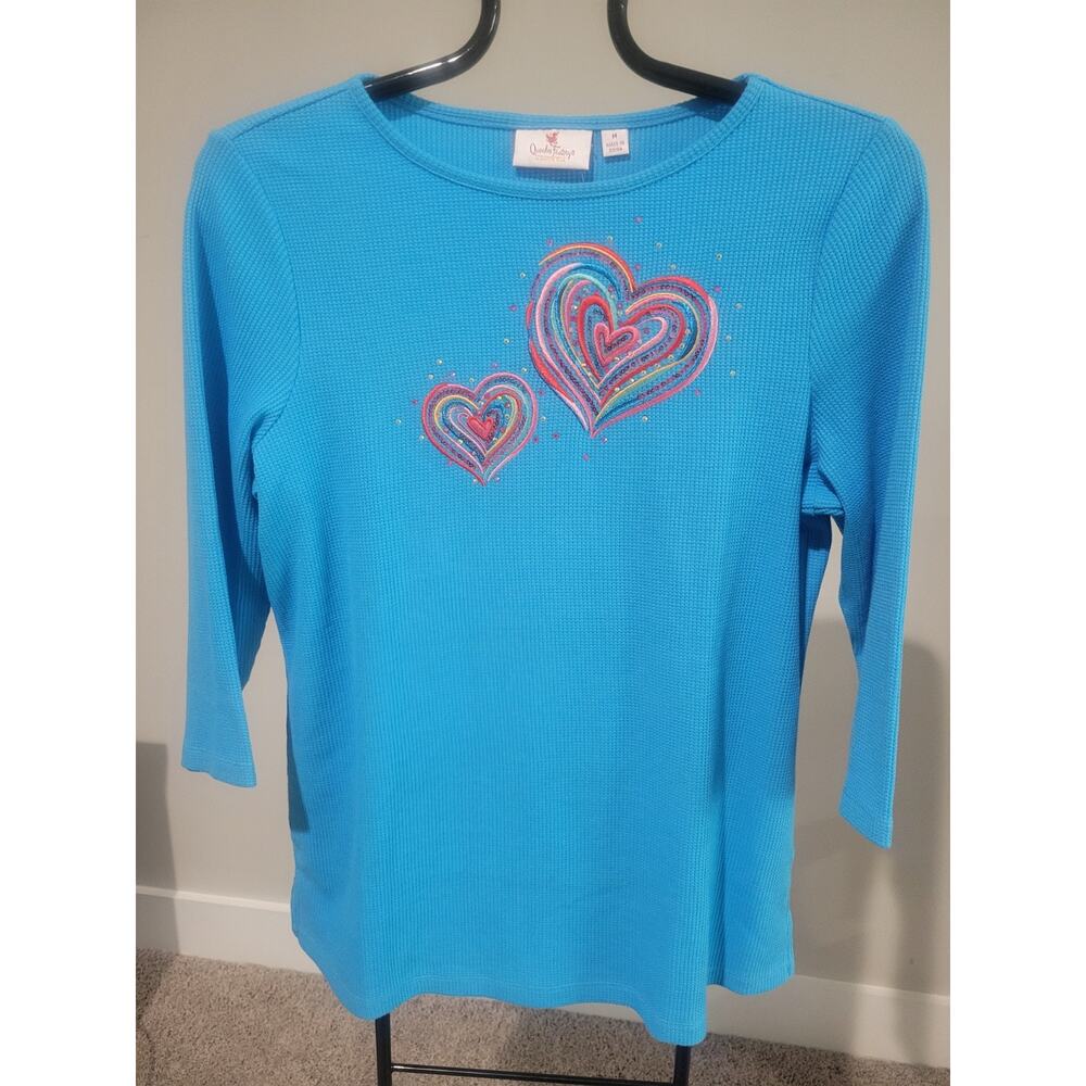 Quacker Factory Size M Turquoise Waffle Knit Top … - image 2